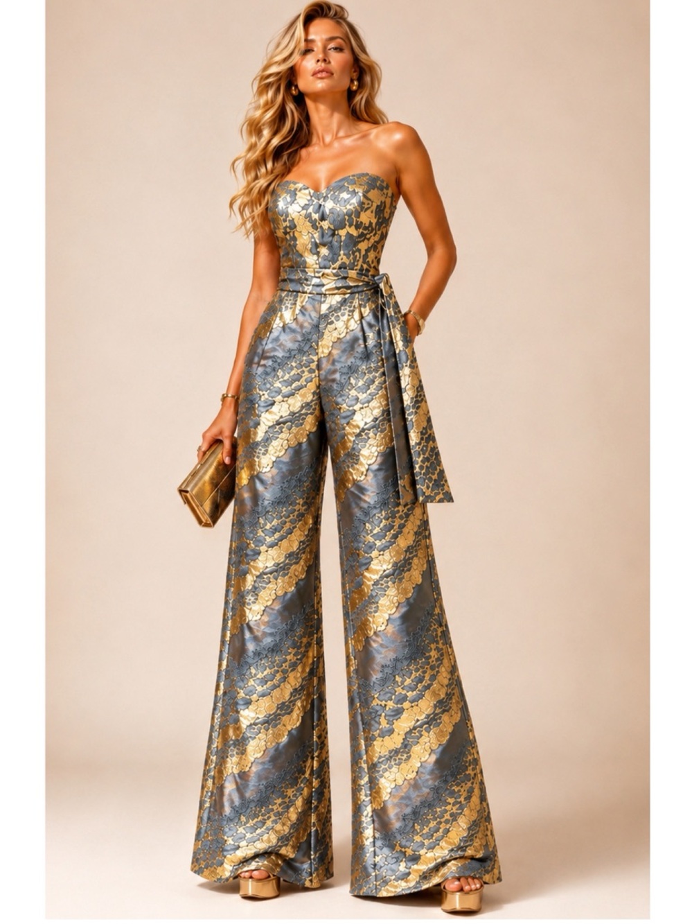 BOLA3 Strapless Metallic Gold & Gray Jacquard Jumpsuit